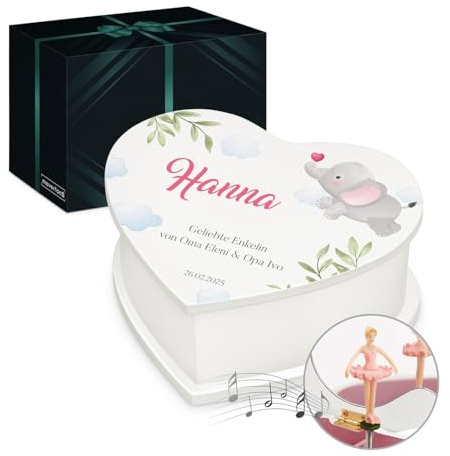 Maverton Herz Schmuckkästchen mit Aufdruck - Schmuckschatulle mit Spieluhr Ballerina - Musikschmuckdose in Herzform für Mädchen - Jewelkeeper zur Taufe - zur Erstkommunion - zum Geburtstag - Elefant