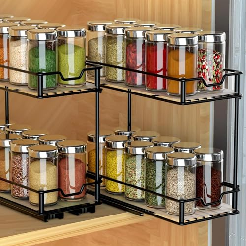 TJ.MOREE Ausziehbarer Schrank Organizer,Gewürzregal Ausziehbar 2 Etagen 2 Packungen, Spülschrank Organizer mit Schrank Regal, Ausziehbare Schublade für Küche,Flaschen Öl Zutaten Gläser Kochen