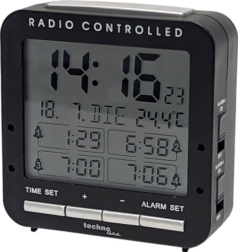 Technoline WT245 Funkwecker mit 4 Alarmen – DCF77 Funkuhr, Datum & Wochentag, Innentemperatur, Snooze & Beleuchtung, Digitaler Reisewecker in schwarz