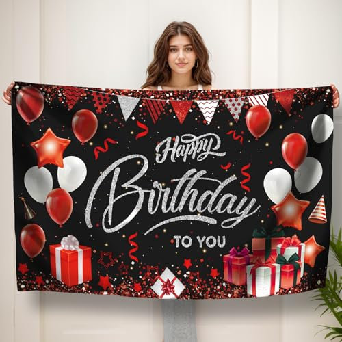 Koliphy Happy Birthday Banner, Geburtstag Deko Banner, Geburtstagsdeko für Frauen Mädchen, Handgehalten Stoff Geburtstagsbanner Dekoration für Drinnen und Draußen(Schwarz Rot)