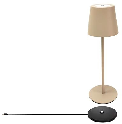 Trango LED Tischlampe kabellos Beige Akku Aufladbar 2017-03CC inkl. USB-C Ladestation Touch stufenlos dimmbar 3 Watt 2700K warmweiß IP44 Tischleuchte für Schlafzimmer Garten Restaurant Bar Terrasse