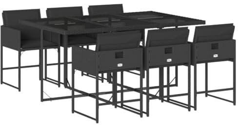 vidaXL Garten Essgruppe 7-TLG., Gartenmöbel Set Tisch mit 6 Stühle, Gartengarnitur mit Kissen, Sitzgruppe Essgarnitur Terrasse, Schwarz Poly Rattan