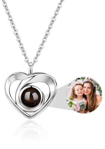 Easycosy Collier Personnalisé Photo Projection -Cadeau Maman De Fête des Mères - Bijoux à Pendentif Cœur Avec Image à L'Intérieur-Cadeau Femme Mamie épouse Fête des Mères Disponible En Argent 925