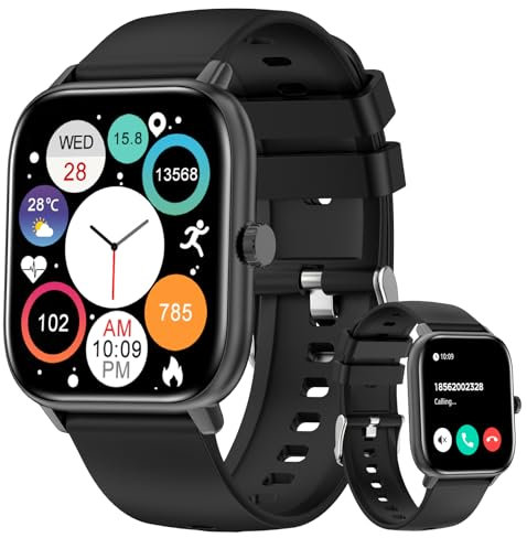 Bebinca Smartwatch Damen/Herren mit Telefonfunktion, 1,85“ HD Quadratische Touchscreen Fitness-Tracker, IP68 Wasserdicht/Herzfrequenz/120+ Sportmodi für Android iOS(Schwarz)