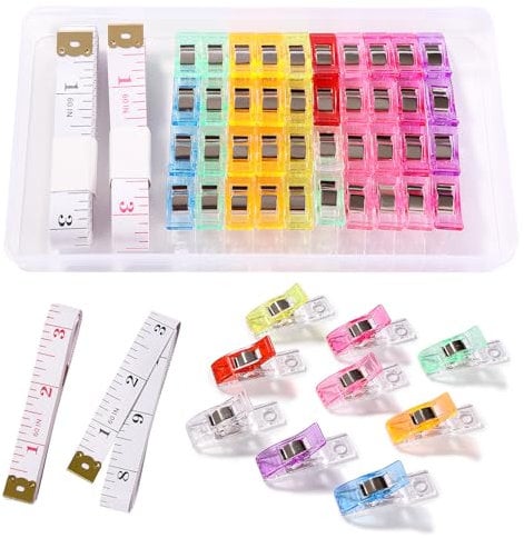 VooGenzek 40 Stücke 3.6x1x1.5 cm Nähklammern, Kunststoff Stoffklammern,Stoffklammern Zum Nähen, Näh Clips, mit 2 Stück 150cm Maßband, für Stoff, Nähen, Binden, Basteln,Binden