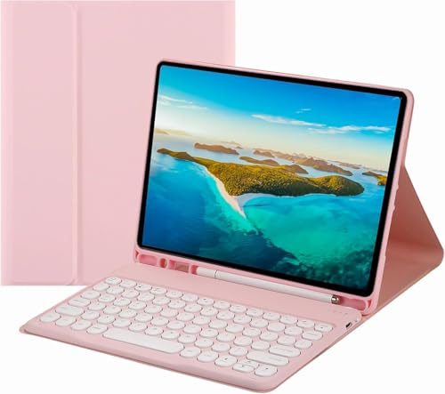 NUWONAYA Keyboard Case for Galaxy Tab S10 Lite/ S10 FE/ S9 FE/S9/S8/S7 with Pen Holder,Slim Round Key Cute Candy Color Stand Cover with Magnetic Detachable Wireless Keyboard,Pink
