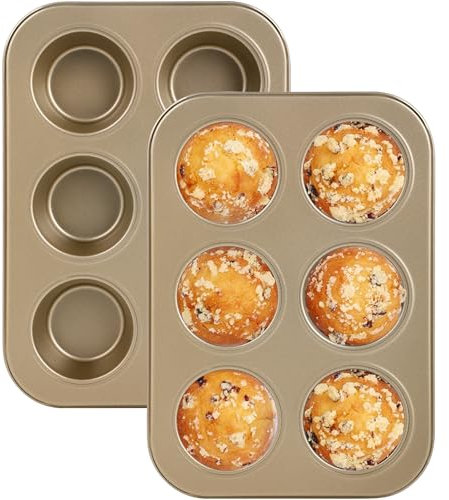 Juego de 2 Bandejas para hornear magdalenas,moldes para magdalenas horno,Magdalenas Horno,para 6 magdalenas,para magdalenas y tartas de queso, aptos para horno, color dorado