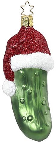 Christbaumschmuck Glas 12cm Weihnachtsgurke mit Mütze mundgeblasen handbemalt Weihnachtskugeln grün