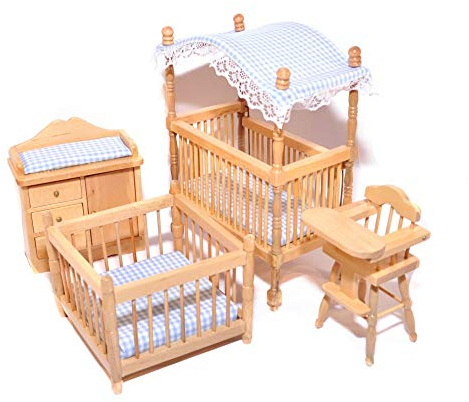 Melody Jane Puppenhaus Eiche Hell Blau Gingham Kinderzimmer Möbel Miniatur Baby Junge Zimmer Set