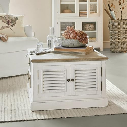 Loberon Couchtisch Cloverport, Edler Hamptons-Stil, Weiß Gekalkte Tischplatte, viel Stauraum, Elegante Zweifarbigkeit, Sofatisch, Wohnzimmertisch, Paulowniaholz, antikbraun/antikweiß