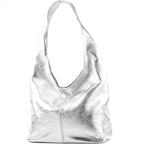 modamoda de T150 Damen Schultertasche Shopper Large aus Wildleder handmade in Italy, Farbe:Silber-Metallic