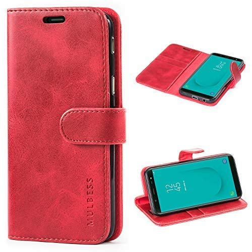 Mulbess Handyhülle für Samsung Galaxy J6 2018 Hülle Leder, Samsung Galaxy J6 2018 Handy Hüllen, Vintage Flip Handytasche Schutzhülle für Samsung Galaxy J6 2018 Case, Wein Rot