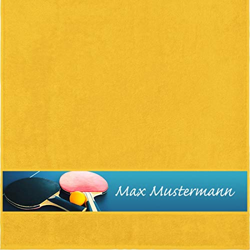 Manutextur Duschtuch Mit Namen - Personalisiert - Sport Tischtennis Motiv - Viele Farben - Dusch-Handtuch - Gelb - Größe 70x140 cm - Persönliches Geschenk Mit Wunsch-Name