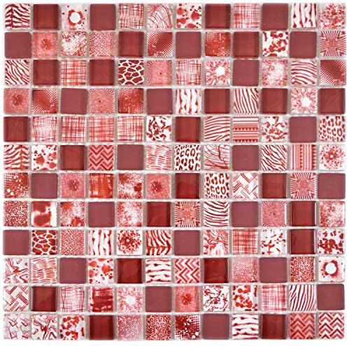 Mosaik Fliese Glasmosaik Quadrat Crystal mix rot für WAND KÜCHE Wandverblender Fliesenspiegel Verkleidung | 10 Matten