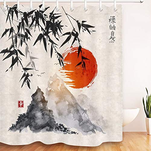 LB Sumi-e Japonais Rideaux de Douche 240X175cm Peinture à l'encre de Chine,Bambou,Montagne,Soleil Rouge Rideaux de Bain avec Crochets,Extra Large Imperméable Polyester Anti Moule Salle de Bain Décor