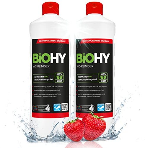 BiOHY WC-Reiniger (2 x 1 liter) | Bio Toilettenreiniger mit frischem Schaum | EXTRA STARK | Badreiniger Gel wirkt effektiv gegen Kalk & Urin | säubert die Toilette blitzschnell