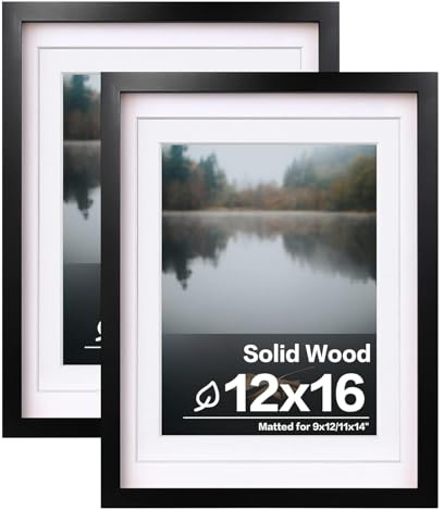 EGOFINE 12x16 Picture Frames Black Set of 2 - Solid Wood Frames With Plexiglass Front and 11x14 Mat for Table Top and Wall Mounting…