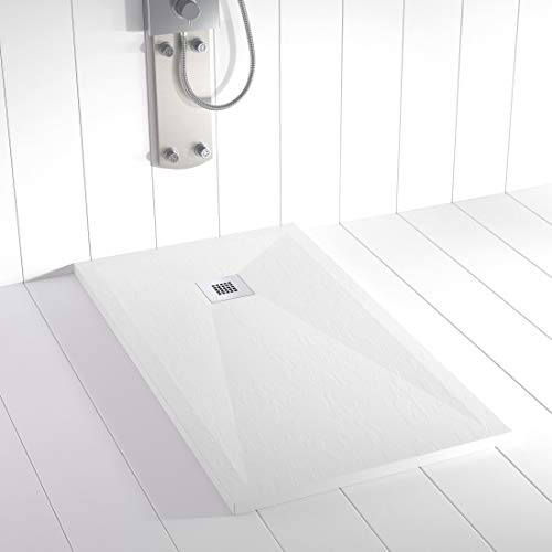 Shower Online Plato de ducha Resina PLES - 70x100 - Textura Pizarra - Antideslizante - Todas las medidas disponibles - Incluye Rejilla Color y Sifón - Blanco RAL 9003