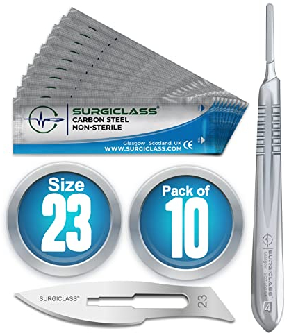 Scalpel Blades # 23 Carbon Steel Non Sterile Scalpel Surgical Blades Pack of 10 and Steel Handle for Wood Art, Surgical, Sculpting, Repairs, Lab Anatomy, Sign, Card Making Lab Training SURGIBL23-10