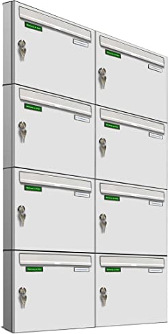 AL Briefkastensysteme Basic 8er Briefkasten RAL 9016 Verkehrs Weiss 8 Fach DIN A4 wetterfest Briefkastenanlage mit Posthaltebügel und 2 Namensschildern