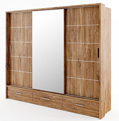 Schwebetürenschrank Kleiderschrank Schiebetürenschrank AR-01 ARTI Garderobenschrank mit Spiegel 3 Schubladen und Beleuchtung (Stirling Eiche)