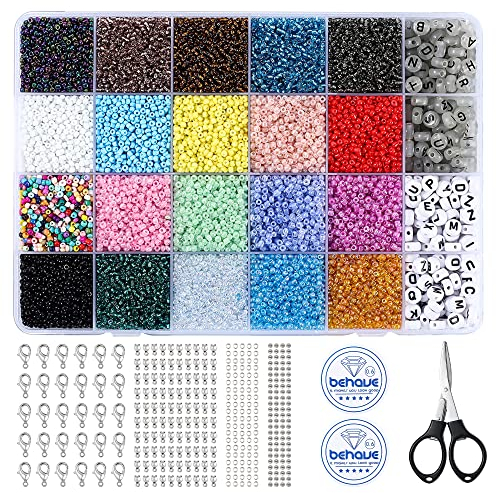 Behave Glasperlen DIY Set in 20 Farben (20,000 Stück/2mm) mit 312 Buchstabenperlen Zum Auffädeln, Schere,100 Sprungringe, Kalotten & Quetschperlen,30 Karabiner Verschlusse,2 Elastische Fäden&Sammelbox