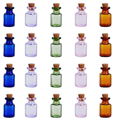 BELLE VOUS 20 Pack Assorted 2ml Mini Glass Bottles - Miniature Jars in 5 Colours With Cork Stopper Lids for Wedding/Party Favours, Wishing Bottles & Decorative DIY Arts/Crafts