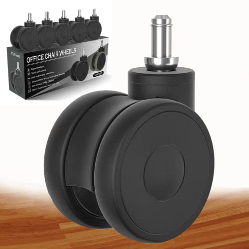 Office Chair Wheels, Set of 5 Hard Floor Castors, Quiet Sliding Office Chair Castors, Swivel Chair Castors for Desk Chair, Carpet and Tiles, 11x22 mm,3 Inch (75 mm) Wheel Set for Office Chair, Black