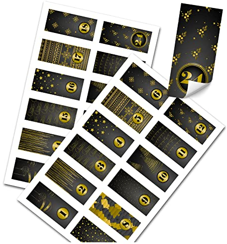 Yabaduu DIY Adventskalender Zahlen zum Aufkleben Nummern 1-24 Selbstklebende Sticker für Weihnachten Weihnachtskalender Selber Basteln Y048 (21 Gold schwarz Streifen)
