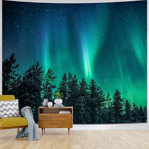 Atrippy Wandteppich mit Nordlichtern, Wald, für Schlafzimmer, Wohnzimmer, Natur, Sternennacht, beruhigend, Aurora Borealis, Wandbehang, Winter-Wandteppich, Deckendekoration für Schlafsaal, Herren, 130