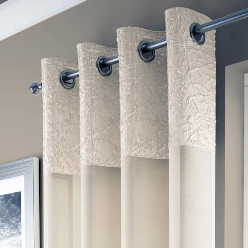 Maple Textiles A Pair of Ivory Light Cream Eyelet Heading Voile Crushed Metallic Satin Curtain Panel Ring Top Available in 3 sizes (2, Cream, 90(229cm) Drop)