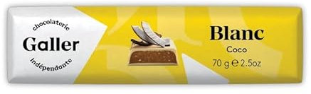 GALLER Baton Chocolat Blanc Noix De Coco - 70g de délicieuse gourmandise croustillante et fondante en bouche. - Lot De 8 - Vendu Par Lot