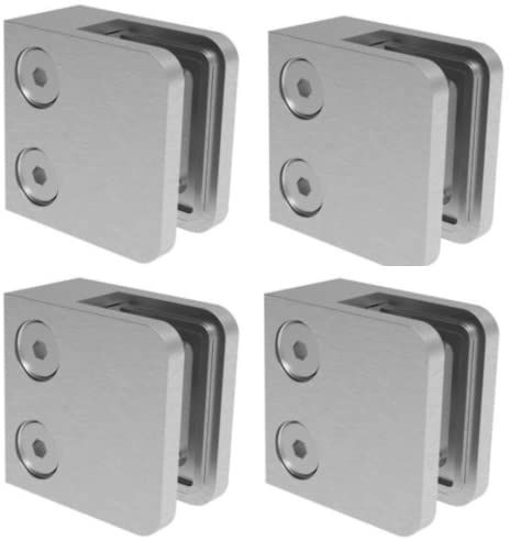 Sellon24® Glashalter 4 Stück Edelstahl Glasklemme Klemmhalter Geländer V2A Eckig 45 x 45 x 28 mm inkl. Gummieinlage, flach oder für Pfosten 42,4 Set MOD 21 (Für Rohr 42,4 + Gummi 8 mm)