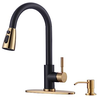 Schwarz und Gold Küchenarmatur mit Seifenspender, WOWOW Edelstahl Küchenspüle Wasserhahn Einhebel Hoher Bogen Utility Spültischarmatur für Spüle, Wohnmobil, Wäsche, Bar