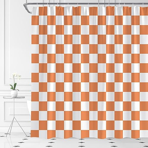 ASVEAS Retro-Duschvorhang, kariert, Orange, Vintage, 60er-/70er-Jahre, Schachbrett, geometrisch, modern, flippig, groovig, abstrakt, ästhetisch, niedlich, Stoff, Badezimmer-Dekor-Set mit Haken, 178 x