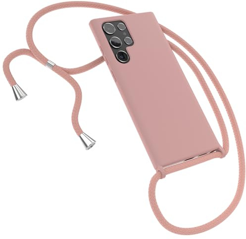 EAZY CASE - Schutzhülle mit Handykette - kompatibel mit Samsung Galaxy S22 Ultra 5G Kameraschutz und Bildschirmschutz, TPU Silikon Bumper, in Kombi Alt Rosa mit Handyband Alt Rosa Clips Silber