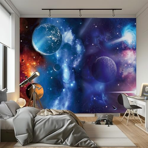 AMUGISH Cosmic Wallpaper Blue Space Planet Wallpaper Galaxy Planet Wall Mural for Bedroom Living Room (157''W*122''H Non-Woven)