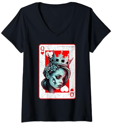 Herz Dame Gruseliges Poker Kartenspiel Halloween Gothic T-Shirt mit V-Ausschnitt