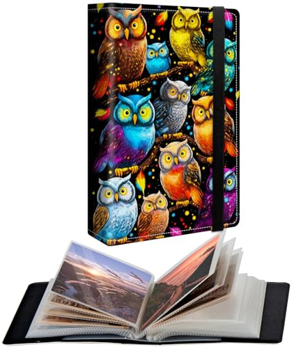 CGFGHHUY Kleines Fotoalbum, 12,7 x 17,8 cm, PU-Ledereinband, Fotoalben mit 120 Fotos, transparente Innentaschen und Gummiband, niedliche Fotoalben für Familie, Jahrestag, Hochzeit, Aquarell-Eulen
