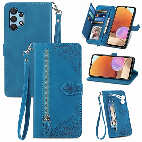 JayModCase Handyhülle für Samsung Galaxy A32 4G, PU Leder Magnetverschluss Handytasche, mit Reißverschlusstasche Ständer Kartenfächer Hülle Kompatibel mit Samsung A32 4G - Blau