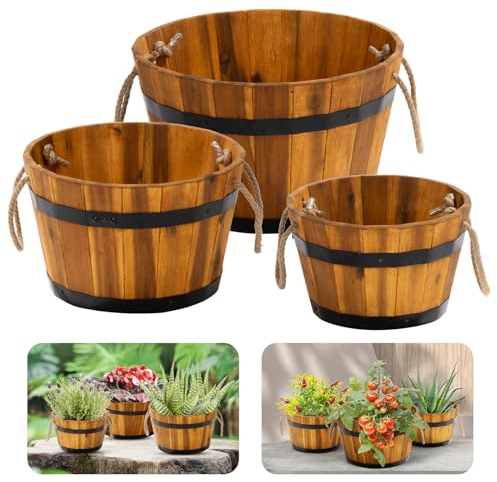 IDZO 3er Set Holz Blumenkästen Outdoor Langlebige Akazienholz Fass Pflanzgefäße für Outdoor-Pflanzen mit ergonomischen Griffen, Drainagelöchern, Mehrere Größen Holz Eimer Pflanzgefäß für Home Decor