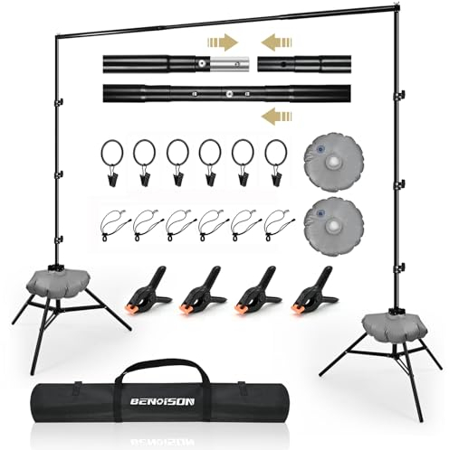 BENOISON Foto Hintergrund Ständer - 2.6x3m Verstellbarer Hintergrundsystem Fotostudio Hintergrund mit 10 Hintergrundklemmen & 2 Wassersack für Fotografie Video Porträt