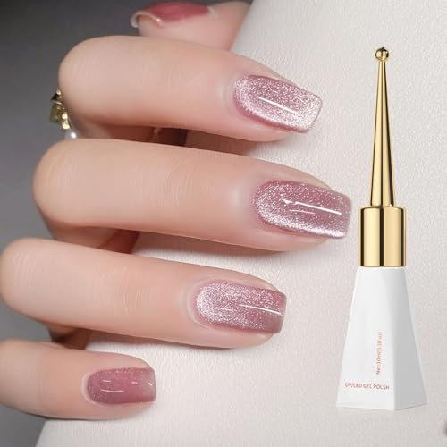 Cat Eye Gel Nail Polish, Pink Glitter Crystal Gel Polish, Glitter Pink Magnetic Nail Polish Soak Off UV/LED, Sparkle Shiny Holographic Cat Eye Gel Polish for Nail Art Manicure Salon DIY at Home