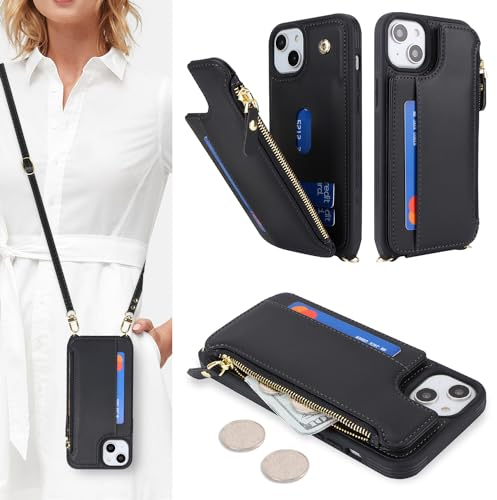 SailorTech Coque pour iPhone 14 Étui avec Porte-Cartes de crédit, Etui pour iPhone 14 Housse avec Courroie de Cou Portefeuille avec Fentes pour Cartes de crédit-Noir