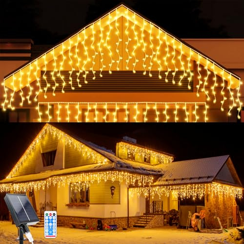Solar Lichterkette Aussen, 5M Wasserdichte Vorhang Lichter 8 Modes 128 LEDs Eiszapfen Lichter 16 Pcs String Lichter mit Fernbedienung für Hof Garten Hochzeit Party Hausdach Weihnachtsdekoration