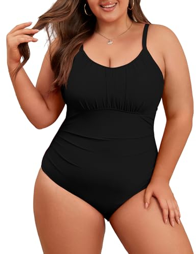 Durio Badeanzug Damen Große Größe Bauchweg Einteiler Elegant Rüschen U Ausschnitt Große Oberweite Swimsuit Bademode Verstellbarer Schultergurt Schwarz 44 (Tag Size XL)