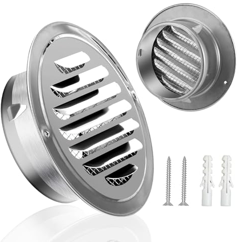 Griglia di Ventilazione Inox in Acciaio, Griglia Aerazione Tonda 100mm, Griglia Aerazione, Presa D'Aria Rotonda a Parete in Acciaio Inox, per Garage, Bagno, Cucina, Parete, con Rete per Insetti