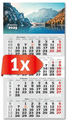 PRIMUS PRINT 4-Monats Einblockkalender 2025 - Wandkalender - Monatskalender mit Schieber - Blockkalender - inklusive Feiertagen - verschiedene Motive, verschiedene Sets - [ 1 x Pragser Wildsee ]