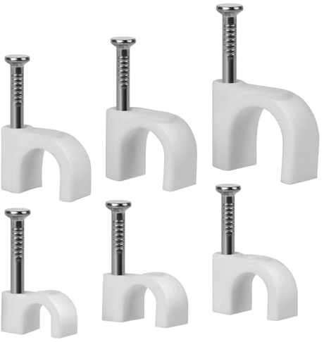 URAQT Fermacavi Muro, 600 Pezzi Fermacavo con Chiodo, Ferma cavi adesivo,fermacavi muro, Rotondi Graffette Clip,per Gestione dei Cavi Elettrici, cavi Ethernet, cavi telefonici (4mm,6mm,8mm,7mm,10mm)