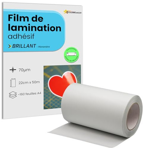 Rouleau 22cm x 50m A4 Film de lamination à froid BRILLANT - Feuille de plastification Laminé auto-adhésif pour photo et autocollants - Compatible plotter de découpe